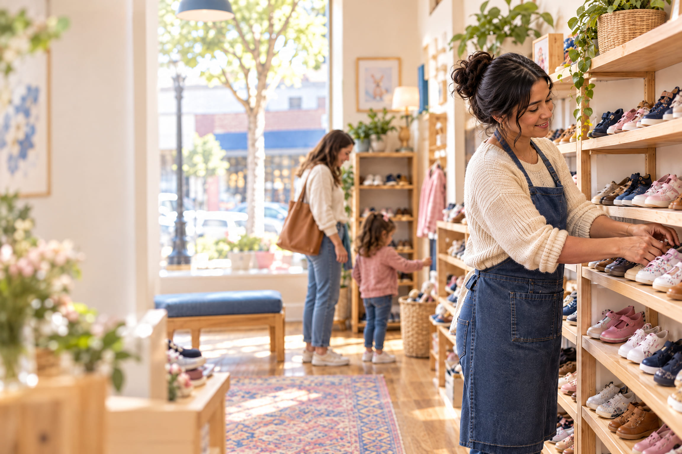 A shoe specialist organizing children's footwear in a welcoming independent shoe store