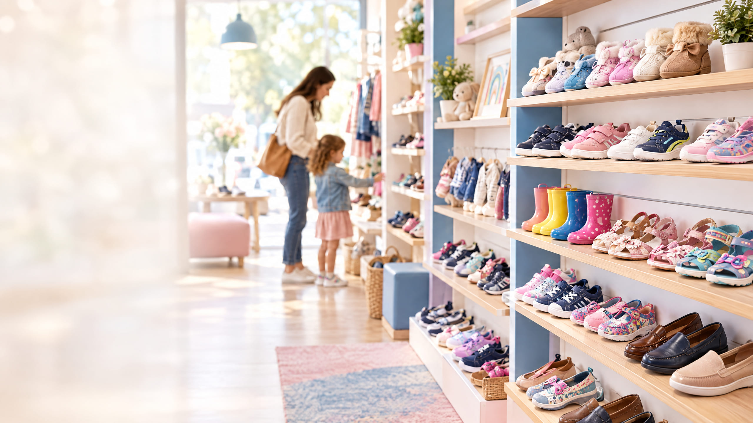 A colorful selection of baby, toddler, children's, and adult shoes in the Ken's Shoes store